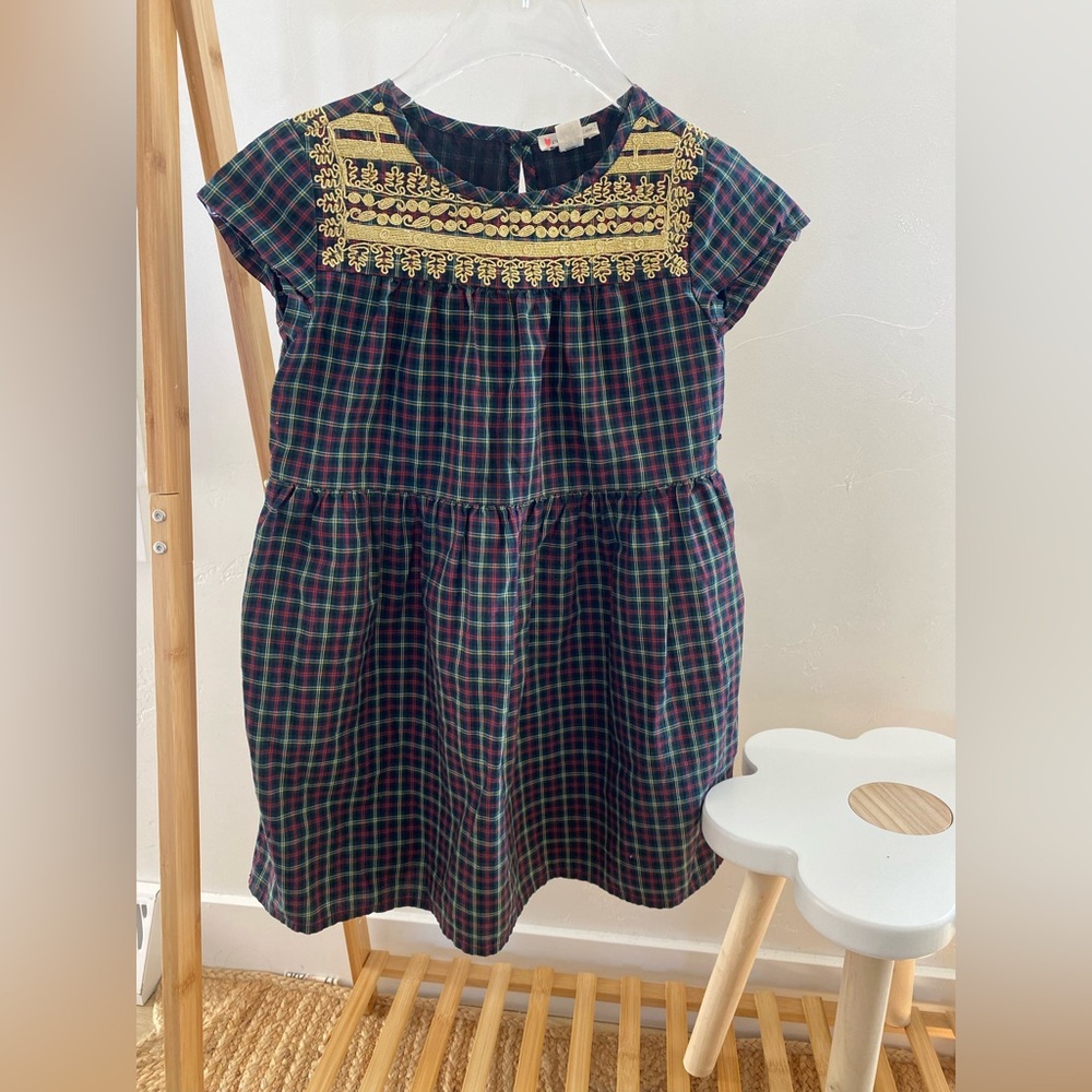 Crewcuts Christmas Plaid Dress with Gold embroidered Detailing - Girls 6